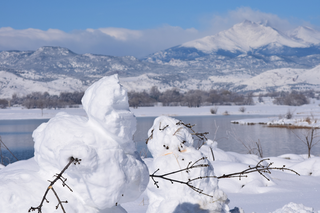 Calvin and Hobbes-esque snowmen at McIntosh Lake