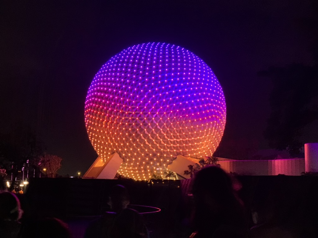 Spaceship Earth in orange and purple