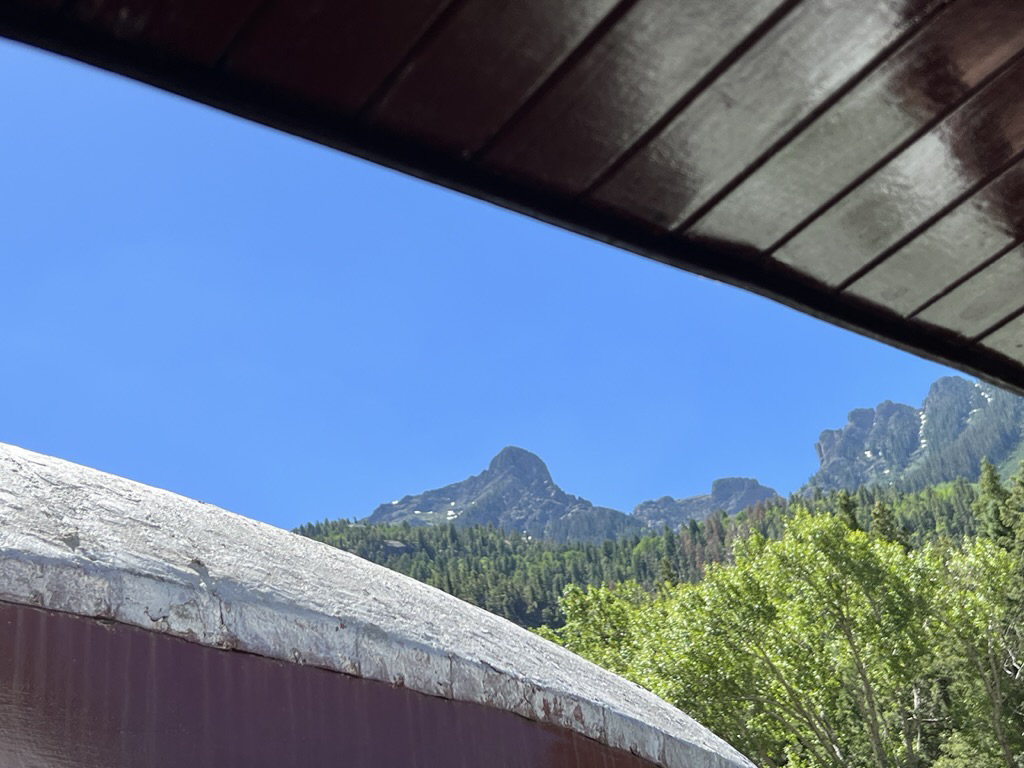 View of the mountains through the train cars