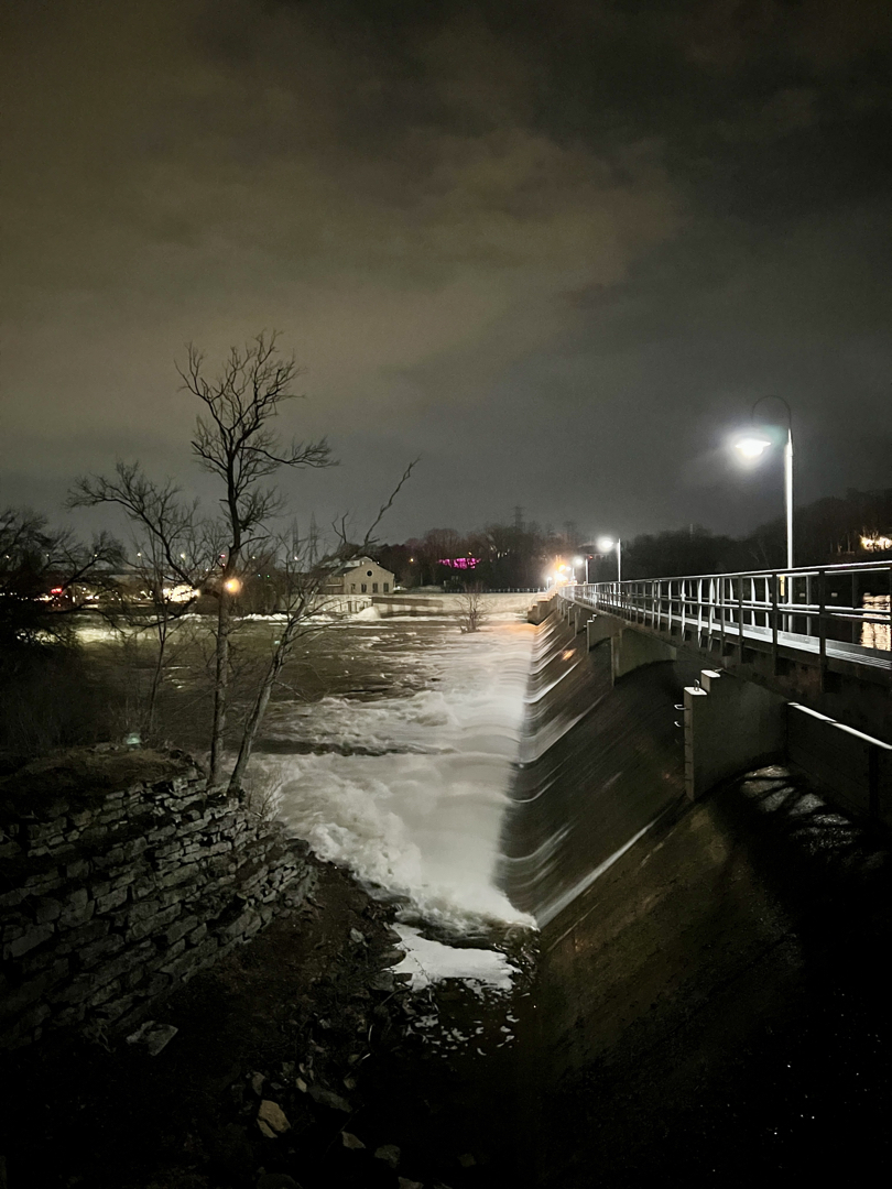 Fox River dam by night